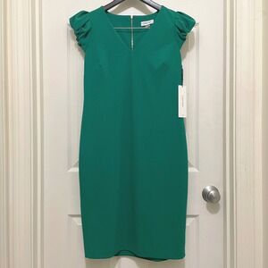 NEW‎ Calvin Klein Emerald Green Ruffle Sleeve Sheath Dress Cocktail Size 10 NWT